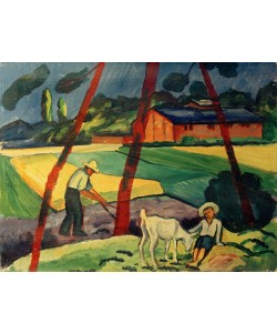 August Macke, Landschaft mit Bauer, Junge und Ziege