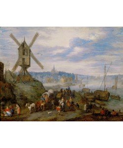 Jan Brueghel der Ältere, Seehafen mit Windmühle