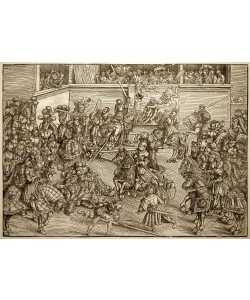 Lucas Cranach der Ältere, Turnier, zwei Zweikämpfe mit Lanzen und Schwertern
