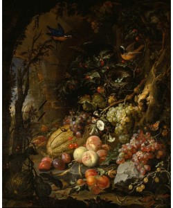 Jan Davidsz.de Heem, Fleurs, fruits, oiseaux et insectes dans un paysage avec ruines