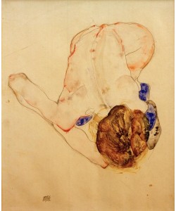 Egon Schiele, Nach vorn gebeugter Akt mit blauen Strümpfen