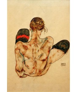 Egon Schiele, Sitzender weiblicher Rückenakt mit rotem Strumpfband