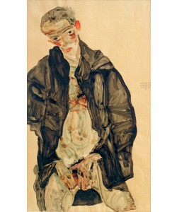 Egon Schiele, Selbstbildnis als Halbakt in schwarzer Jacke