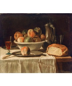 Anonym, Gedeckter Tisch mit Obstschale und Zinnkanne