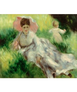Pierre-Auguste Renoir, Frau mit Sonnenschirm und Kind auf sonnigem Hang