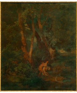 Arnold Böcklin, Waldrand mit Faun und Nymphe (od. Faun, eine sich sträubend