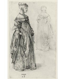 Albrecht Dürer, Frau in venezianischem Kostüm, daneben dasselbe Kostüm von rückwärts