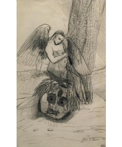 Odilon Redon, Geflügelte männliche Figur neben einem Baum sitzend, und ein abgeschlagener Kopf