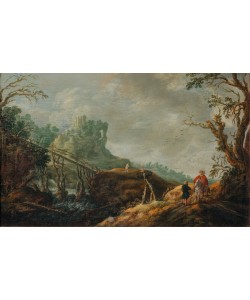 Pieter Jansz van Asch, Flusslandschaft mit Holzbrücke und Ruine