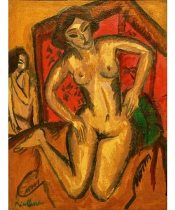 Ernst Ludwig Kirchner, Kniender Mädchenakt vor rotem Wandschirm