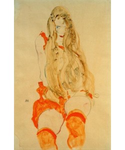Egon Schiele, Sitzendes Mädchen mit orangefarbenem Kleid und Strümpfen