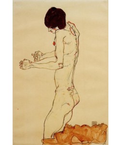 Egon Schiele, Kniender Frauenakt nach links, die Arme vorgestreckt