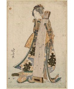 Katsushika Hokusai, Young maiden holding a zither (koto)