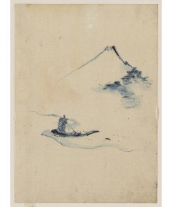 Katsushika Hokusai, A person in a small boat on a river with Mount Fuji