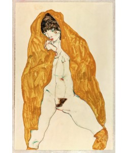 Egon Schiele, Stehender Akt mit gespreizten Beinen und gelbbraunem Umhangtuch