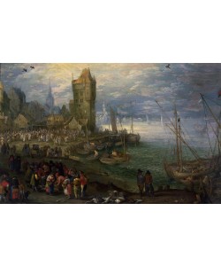 Jan Brueghel der Ältere, Fischmarkt am Meeresstrand