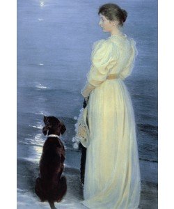 Peder Severin Kroyer, Summer Evening at Skagen, the Artist's Wife with a Dog on the Beach, 1892