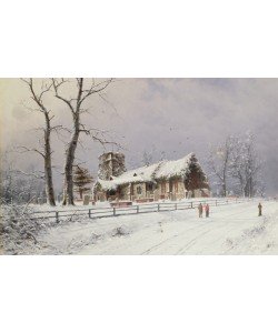 Nils Hans Christiansen, Winter Scene with Figures on a Path near a Church