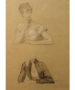 Gustav Klimt, Zwei Studien einer an einem Tisch sitzenden jungen Frau 