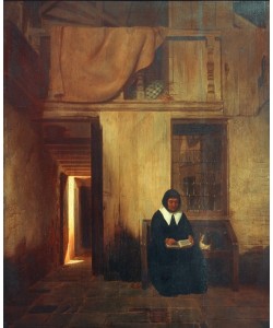 Esaias Boursse, Interieur mit lesender Frau und Katze