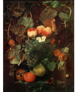 Adriaen van der Spelt, Früchtestilleben mit Schmetterlingen und Schnecken in einer