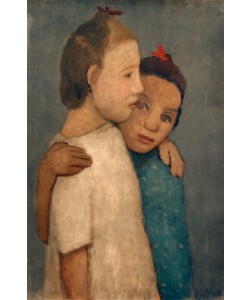Paula Modersohn-Becker, Zwei Mädchen in weißem und blauem Kleid, sich an der Schult