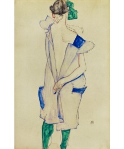 Egon Schiele, Stehendes Mädchen mit blauem Kleid und grünen Strümpfen, Rückenansicht