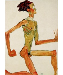 Egon Schiele, Kniender nackter Mann, im Profil nach rechts