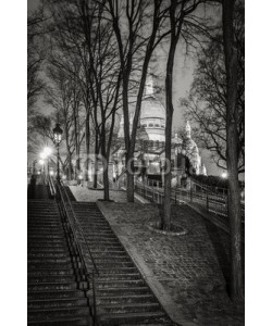 Francois Roux, Stairs leading to the Basilica of the Sacred Heart (Sacre Coeur Basilica) at night in Montmartre - Black and White, Paris, France