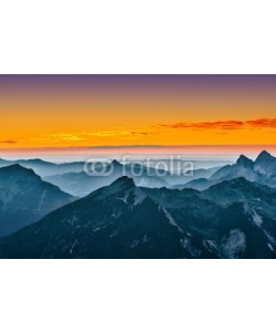 a2l, view over blue mountains with golden yellow sunset sky