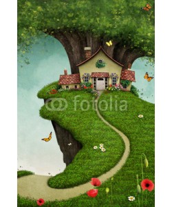 annamei, Fantasy card or illustration of  nice house on  large rock near the tree