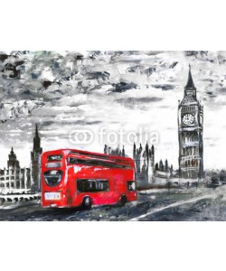 lisima, oil painting on canvas, street view of london, bus on road. Artwork. Big ben.