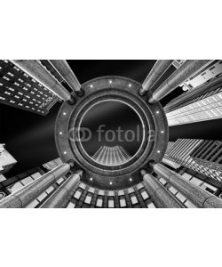 mandritoiu, Fine Art, black and white, abstract, upward perspective of New York skyscrapers