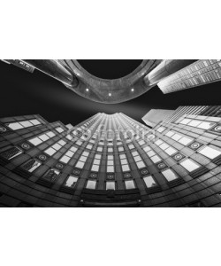 mandritoiu, Fine Art, black and white, abstract, upward perspective of New York skyscrapers