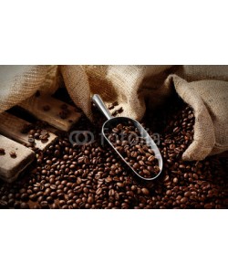 Africa Studio, Fresh coffee beans with sack and scoop, closeup