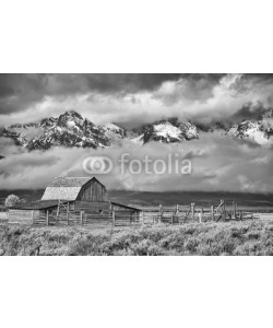 MaciejBledowski, Black and white Teton mountain range with Moulton Barn in the Grand Teton National Park, Wyoming, USA.