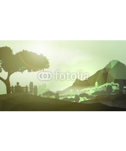 inbevel, Abstract Green Forest Mountain with Man Sitting in the Foregroun