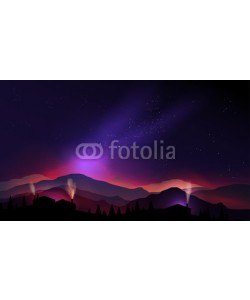 inbevel, Starry Night Village in the Mountains and Pine Forest - Vector I