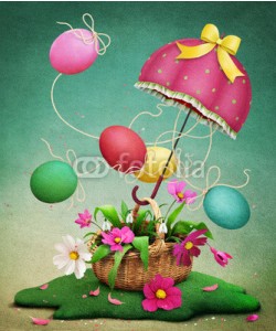 annamei, Holiday greeting card for Easter with eggs on the ropes, umbrella and basket of flowers
