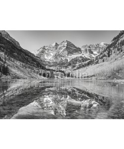 MaciejBledowski, Black and white picture of Maroon Bells reflected in lake, Aspen in Colorado, USA.