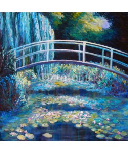 shvets_tetiana, Original oil painting on canvas - Bridge through a pond with water lilies