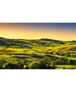 stevanzz, Tuscany countryside landscape panorama at sunset, rolling hills, fields, meadow. Italy