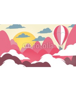 inbevel, Paper-cut Style Applique Mountain Landscape with Hot Air Balloon - Vector Illustration.