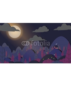 inbevel, Paper-cut Style Applique Forest with Small House Night Landscape- Vector Illustration.