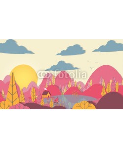 inbevel, Paper-cut Style Applique Forest with Lake and Small House - Vector Illustration.