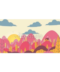 inbevel, Paper-cut Style Applique Forest with Small House - Vector Illustration.