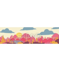 inbevel, Paper-cut Style Applique Panorama Forest with Lake and Small House - Vector Illustration.