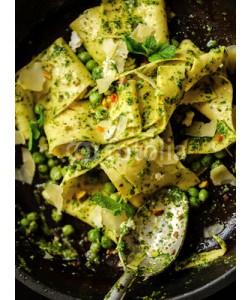 fotoatelie, Close-Up of Pappardelle Pasta with peas, pesto, mint and cheese in pan.