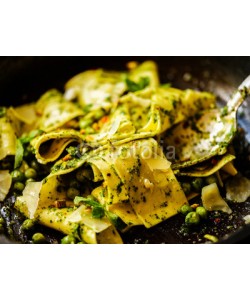 fotoatelie, Close-Up of Pappardelle Pasta with peas, pesto, mint and cheese in pan.