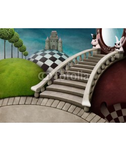 annamei, Fabulous background with staircase and mirror for poster or illustration adventure Wonderland